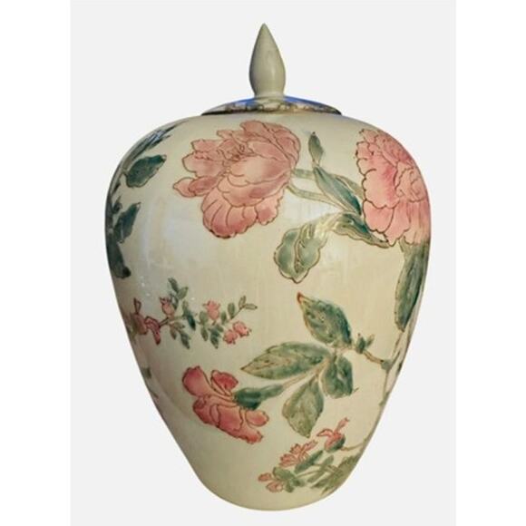 Chinoiserie Pink and Green Peony Ginger Jar With Lid from Late 20th Century - Picture 13 of 13